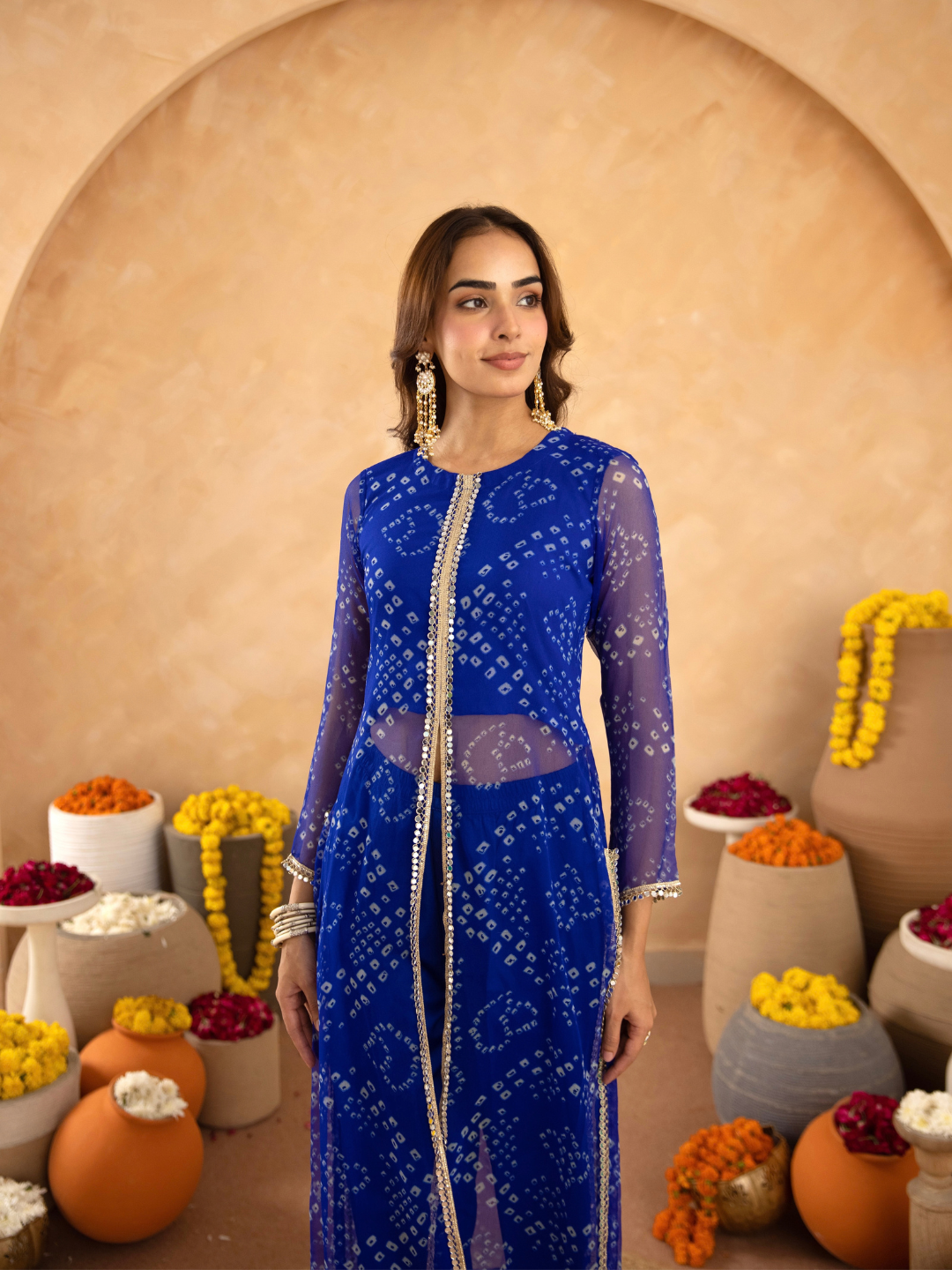 Blue Chiffon Bandhej Mirrorwork Straight Kurta