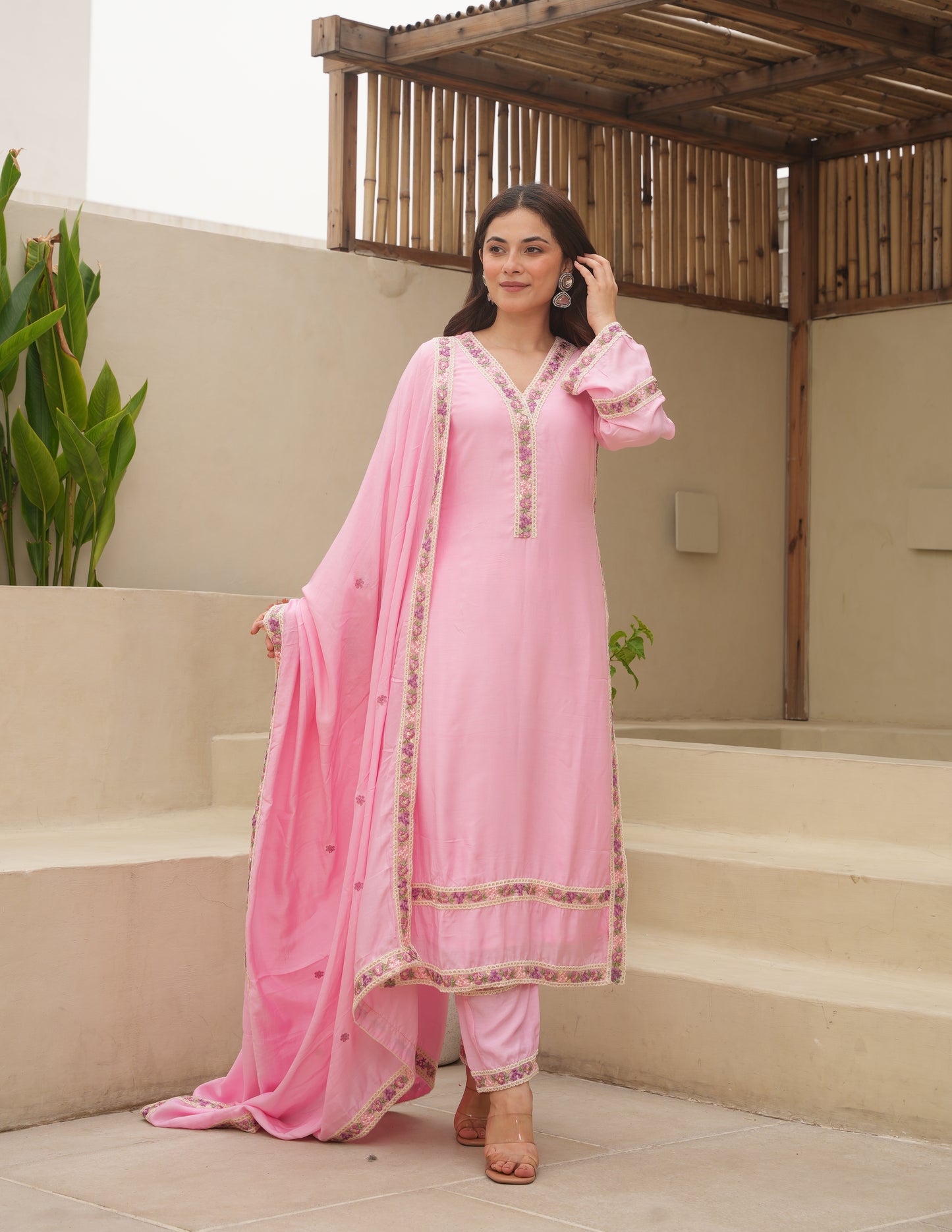 Pink Maslin Embroidered Suit Set