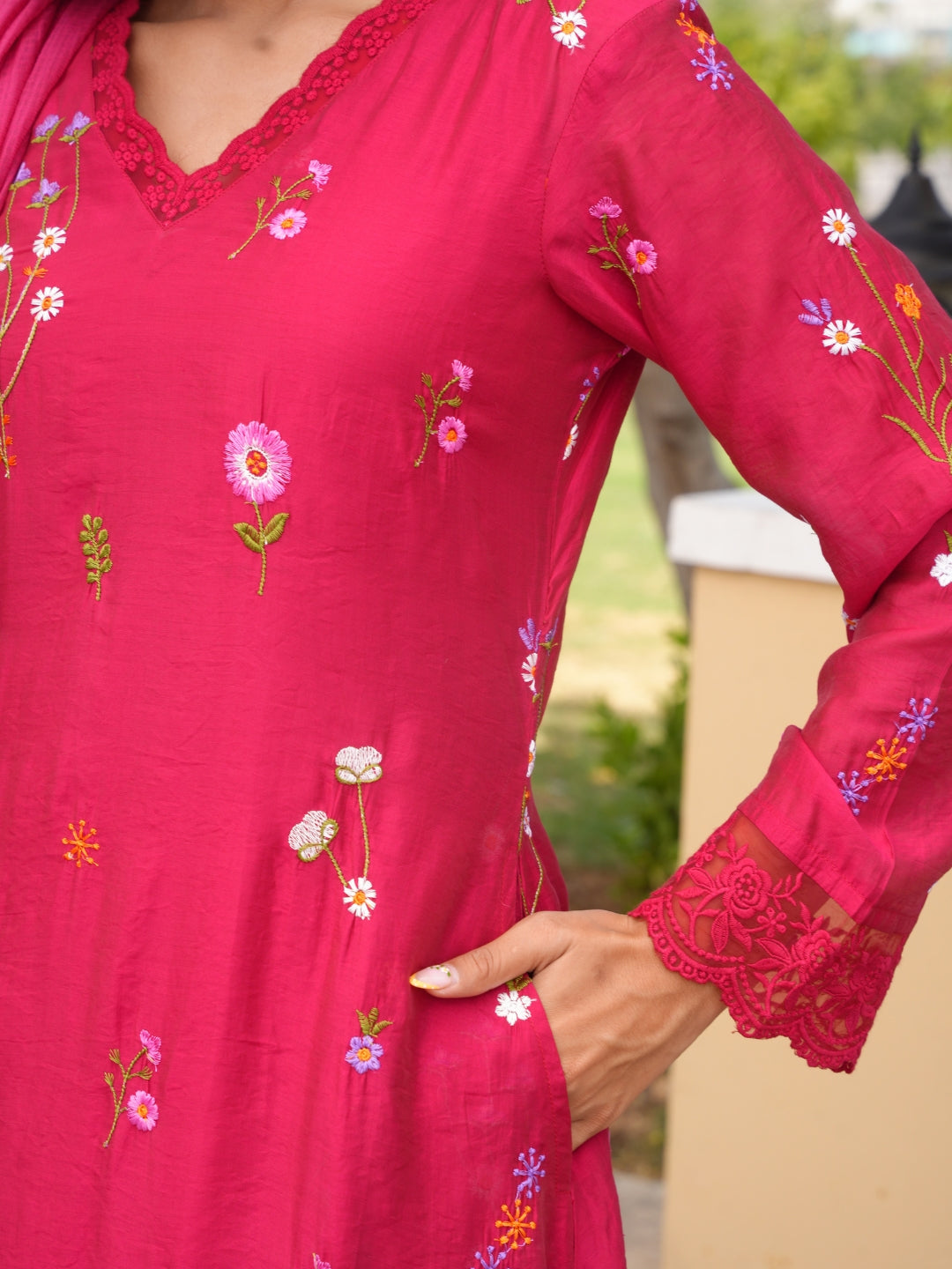 Dark Pink Chanderi Floral Embroidered Kurta Set