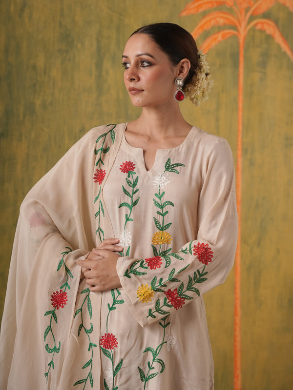 Dilruba Beige Floral Maslin Kurta Set