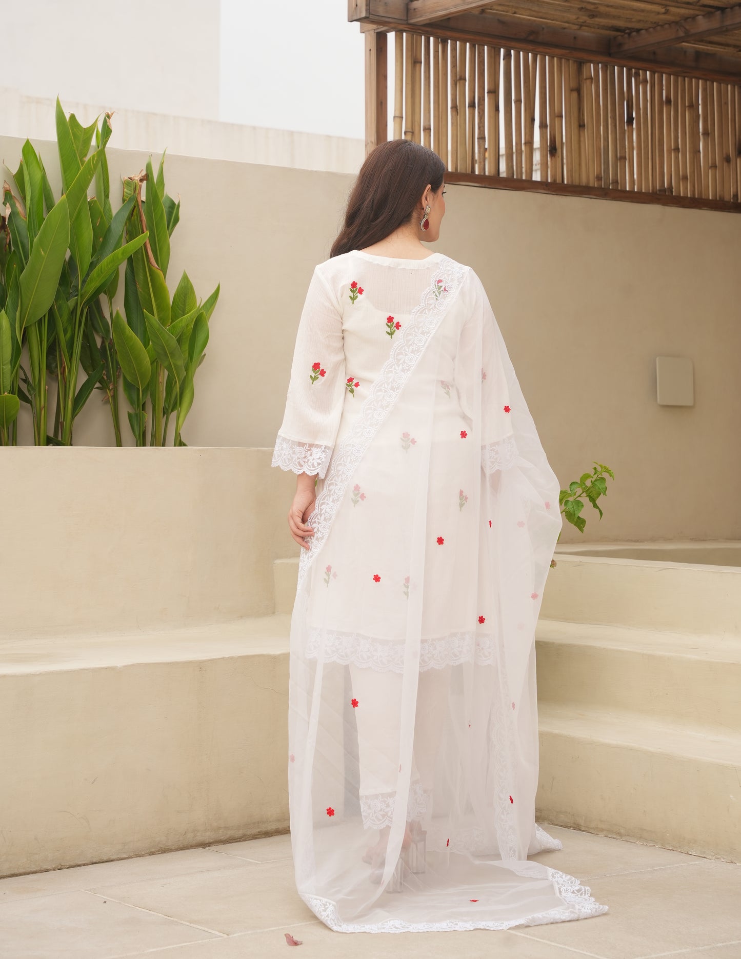 Shy White Embroidered Crushed Cotton Suit Set