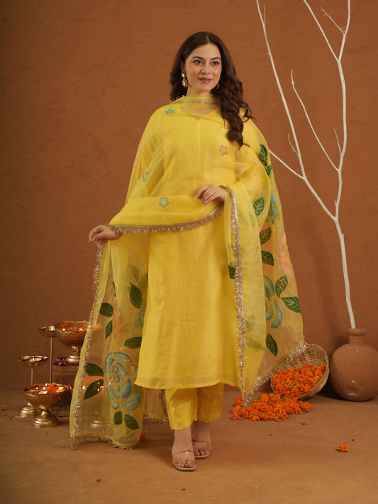Surror Yellow Chanderi With Handpaint Dupatta