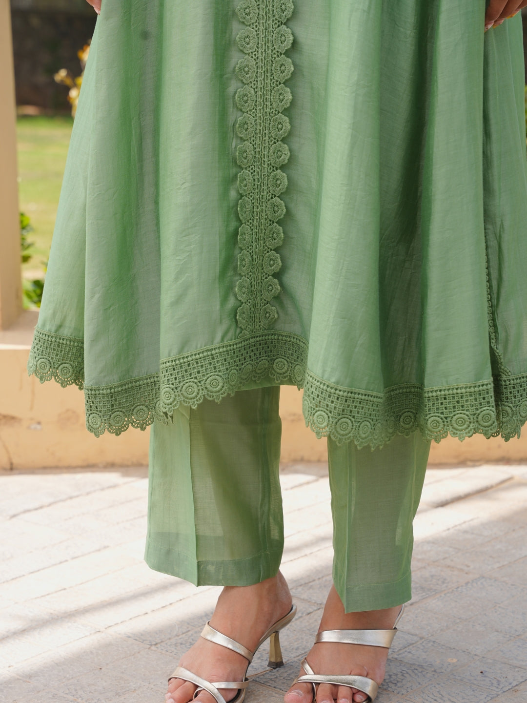 Pista Chanderi Lace Work Kurta Set