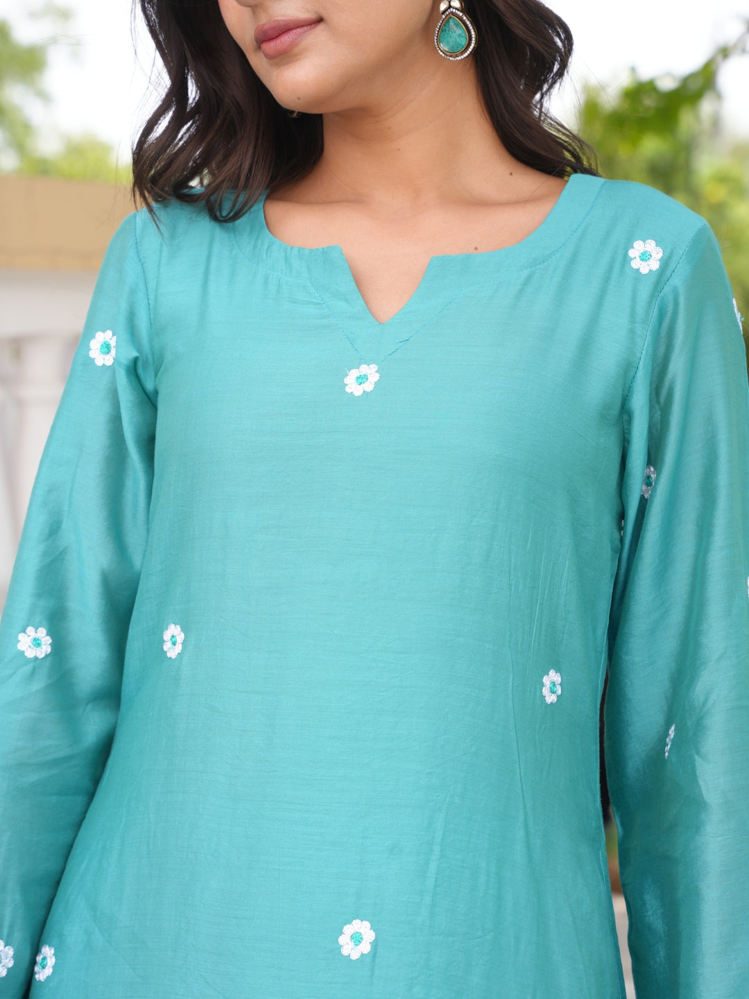 Teal Aqua Daisy Chanderi A-Line Kurta Set