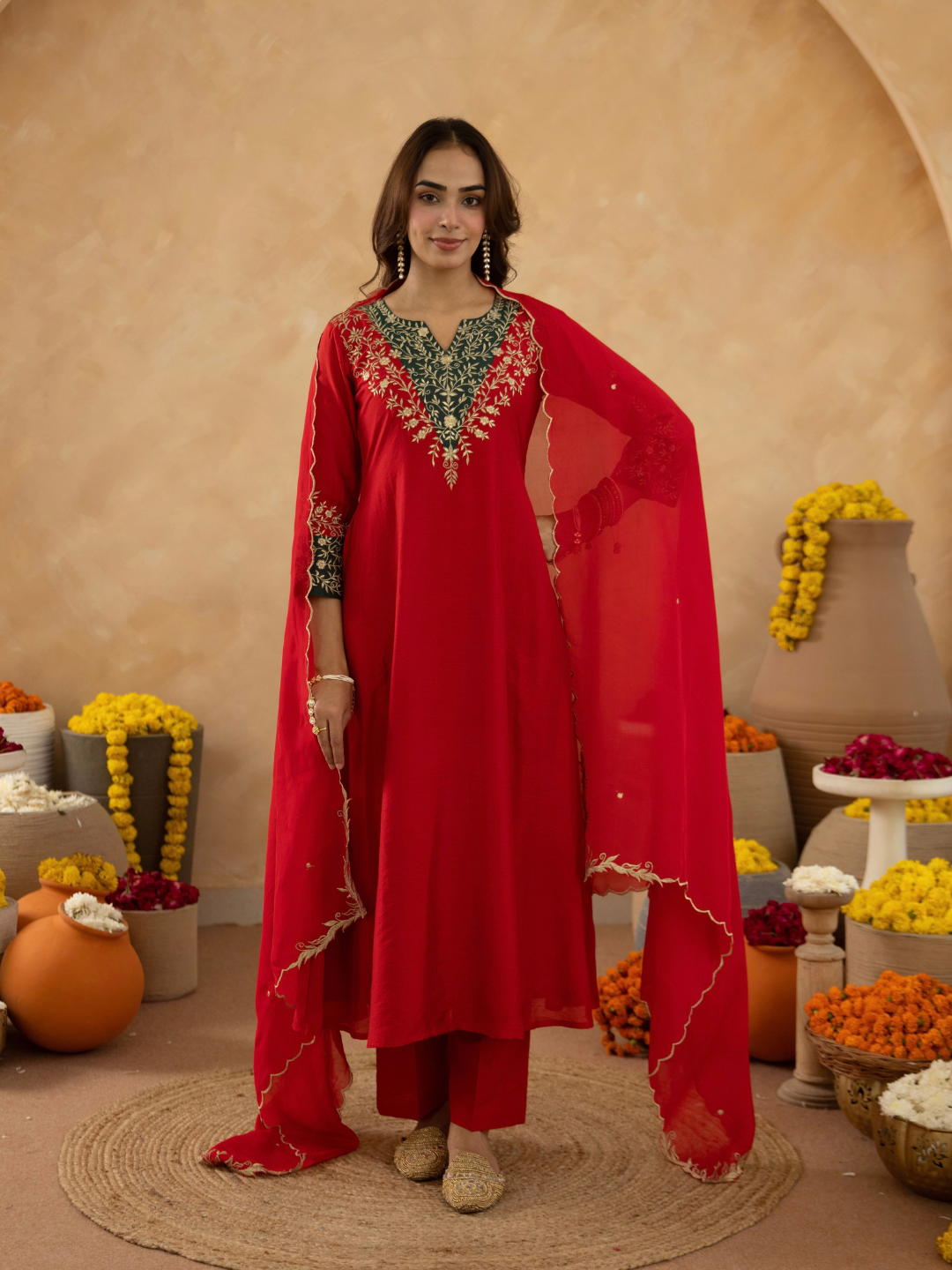 Red Zari Embroidered A-Line kurta with Dupatta
