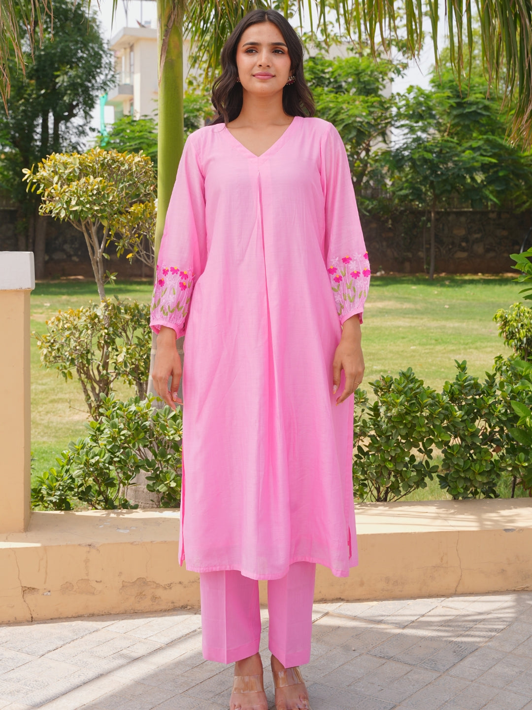Pink Petal Floral Aari Work Chanderi Kurta Set
