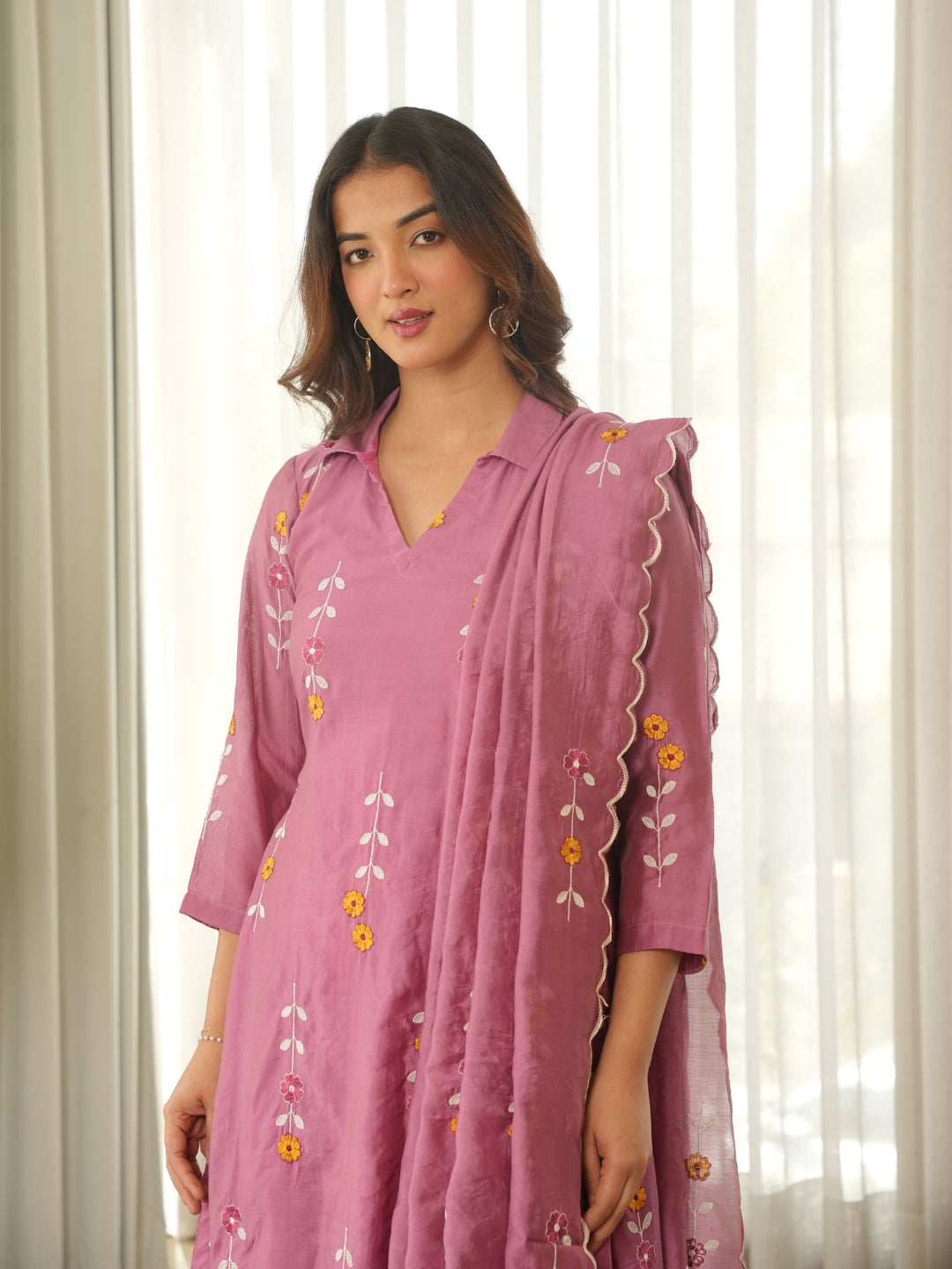 Mauve Pink Embroidered Chanderi Kurta Set with Pants & Dupatta