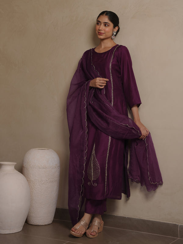 VIOLET CHANDERI AARI WORK SUIT SET