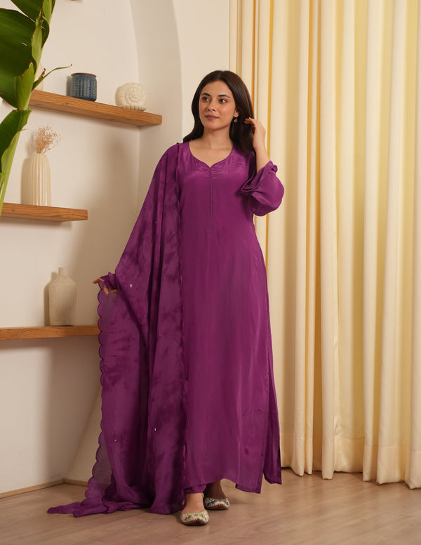 Purple Silk Shibori Mirror  Work Staright Suit Set