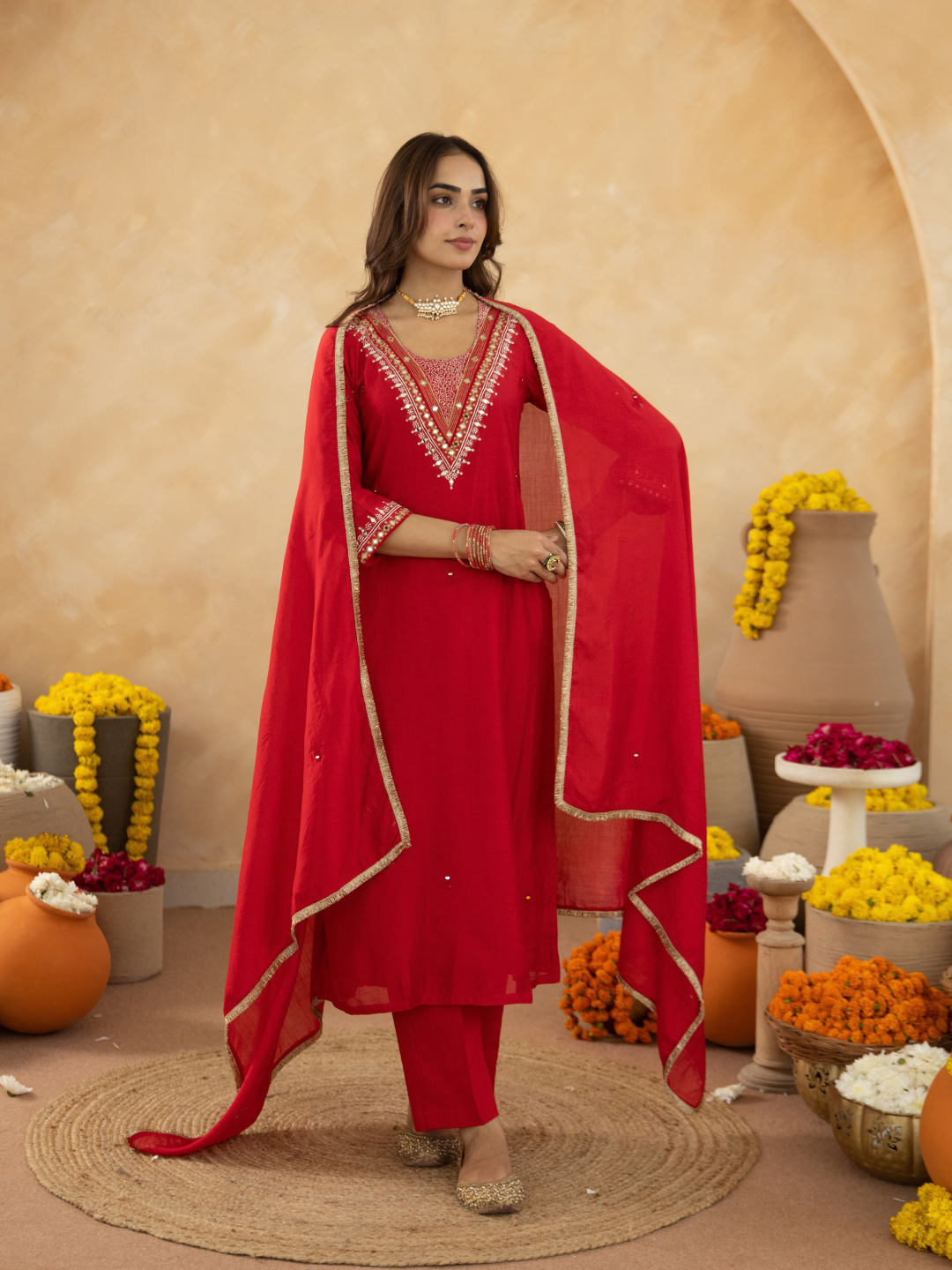 Red Handcrafted Chanderi Mirrorwork Straight Kurta Set