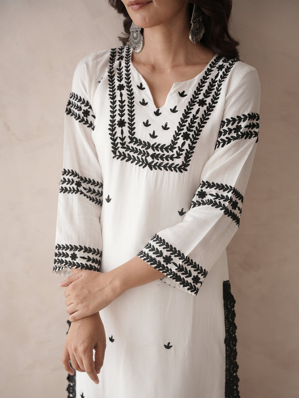 Sakura white embroidery maslin kurta set