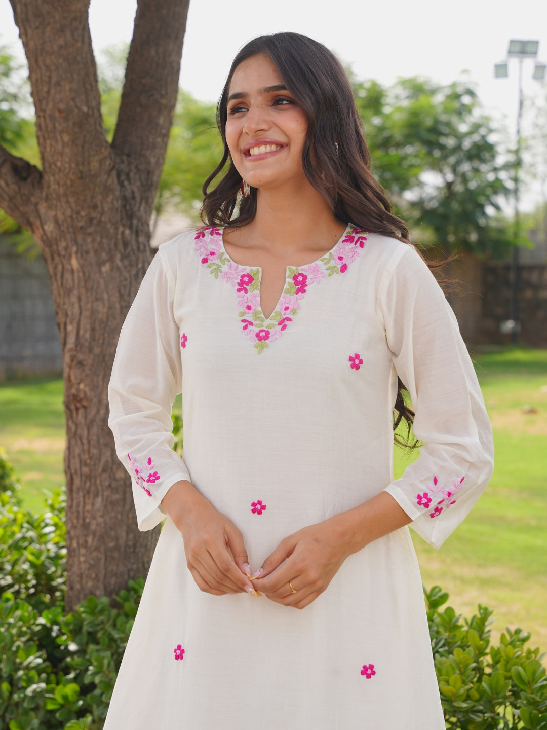 Off White Petal Handwork Chanderi A-Line Kurta Set