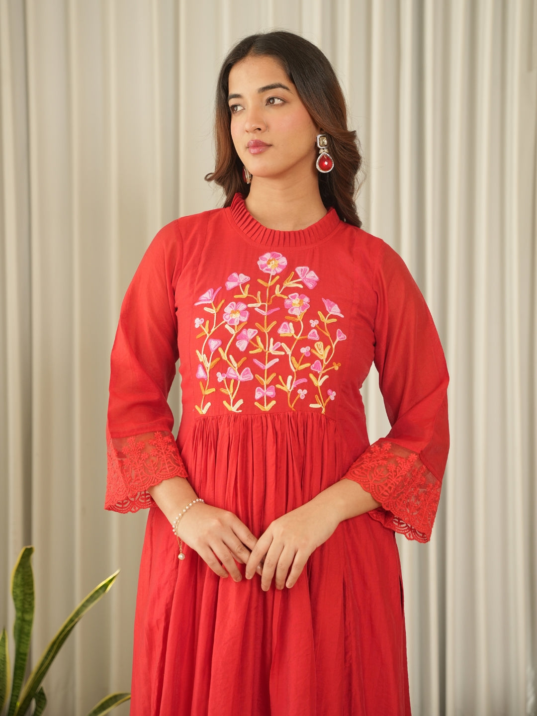 Crimson Red Aari Embroidered Chanderi Suit Set