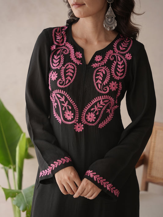Indiflora black embroidery maslin kurta set