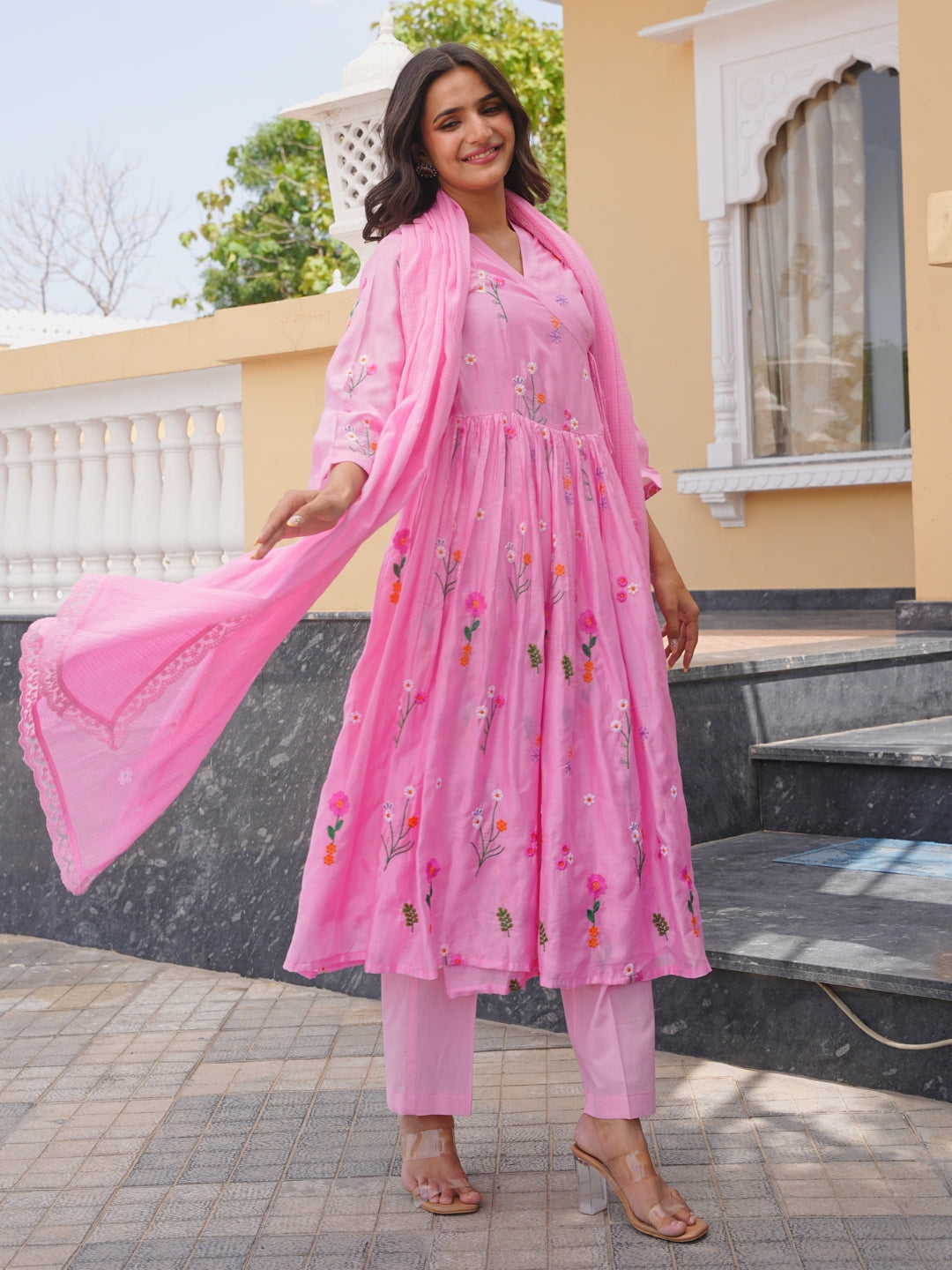 Pink Daisy Chanderi Angrakha Kurta Set