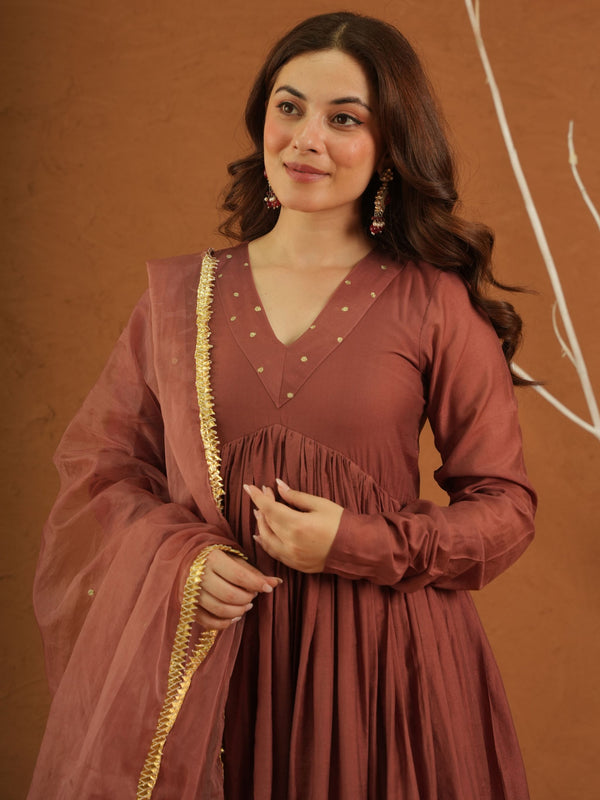 Zariya Brown Chanderi Gota Suit Set