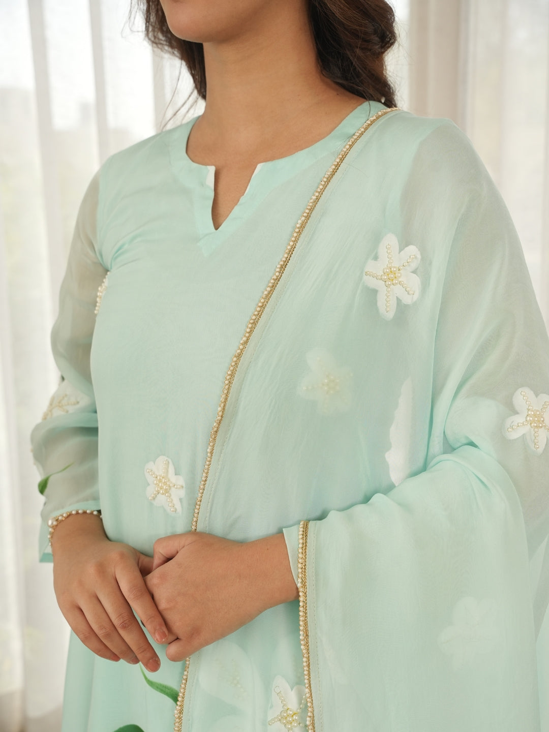 Pastel Mint Hand Paint Soft Organza Suit Set