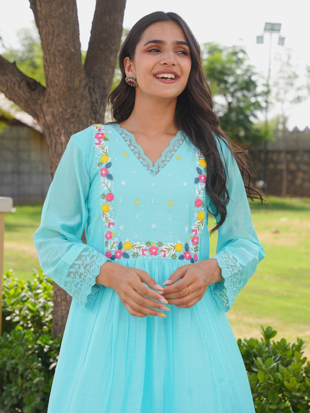 Aqua Blue Floral Handwork Chanderi Kurta Set