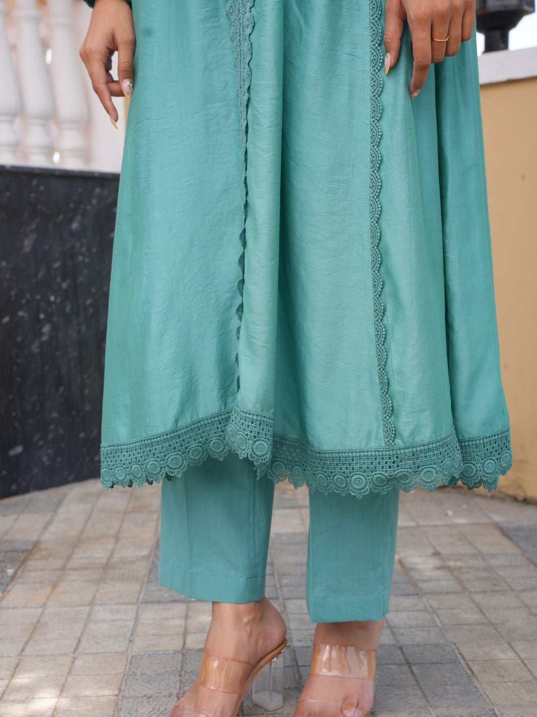 Sea Green Chanderi Lace Work Kurta Set