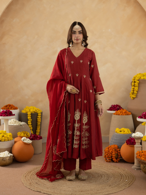 Maroon Floral Aari Embroidered Anarkali Set