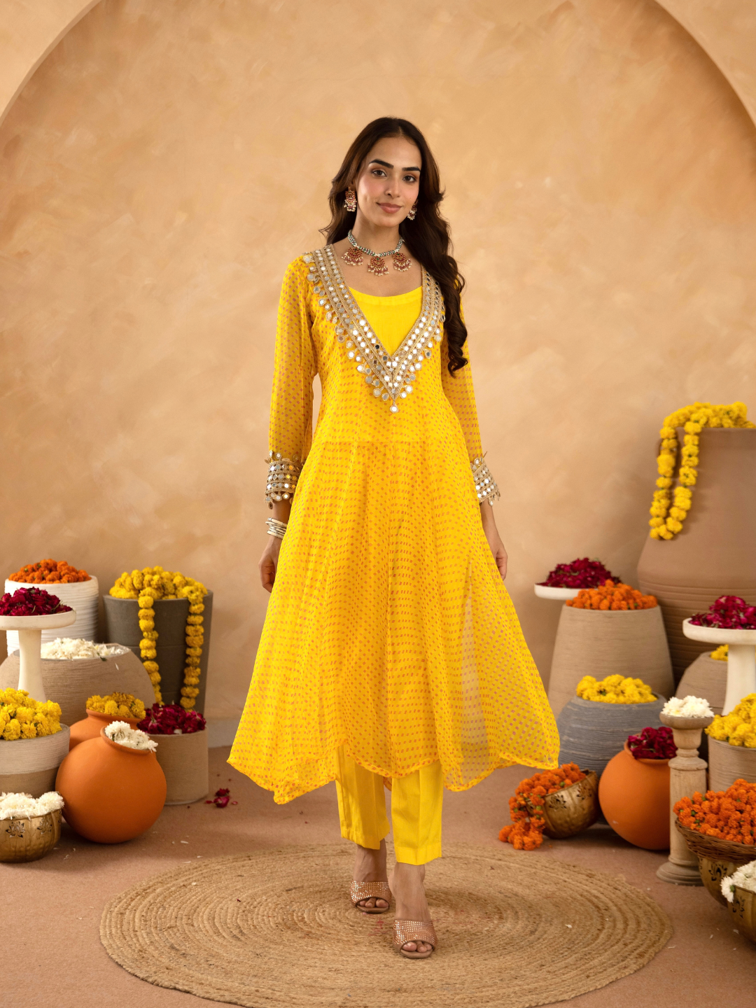 Yellow Chiffon Bandhej Mirrorwork Kurta Set