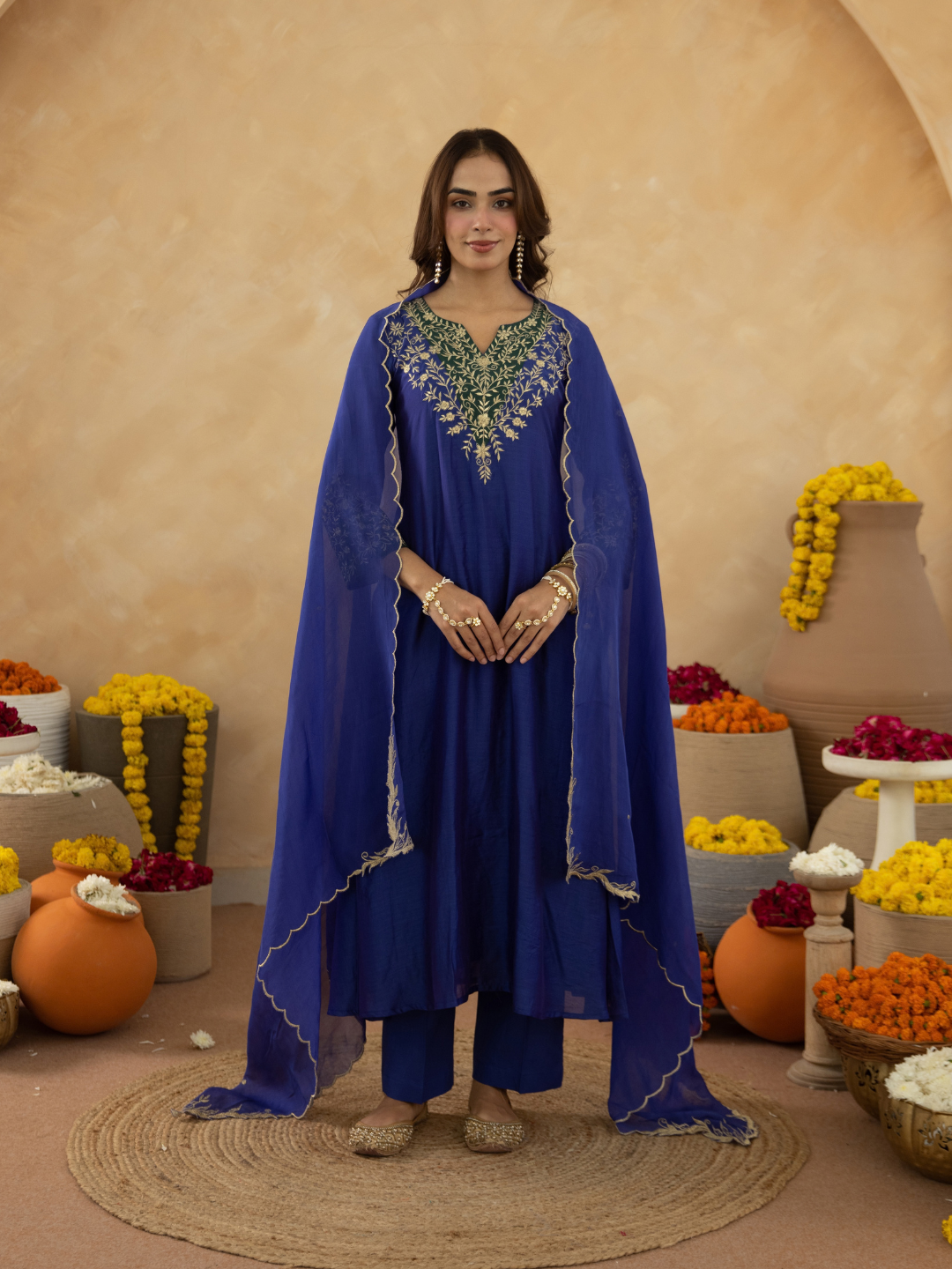 Royal Blue Zari Embroidered A-Line kurta with Dupatta
