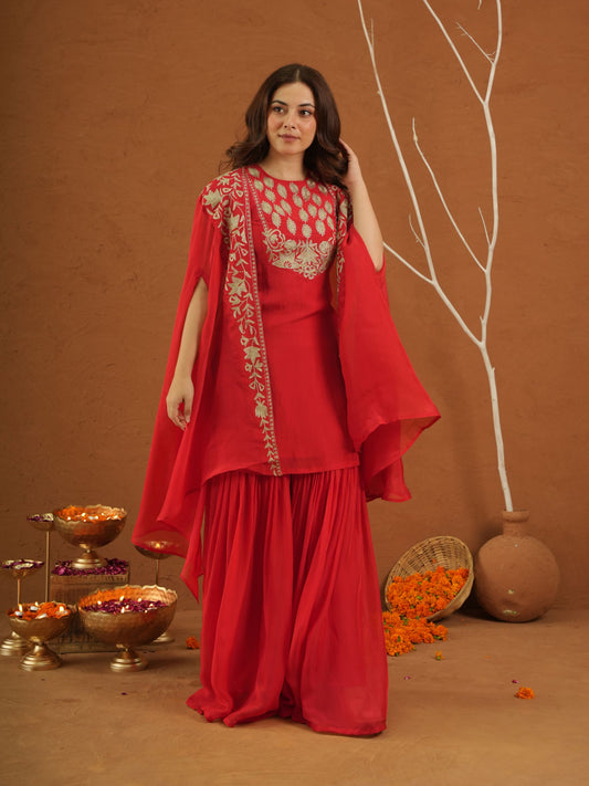 Meherbaan Red Zariwork Sharara Jacket Set