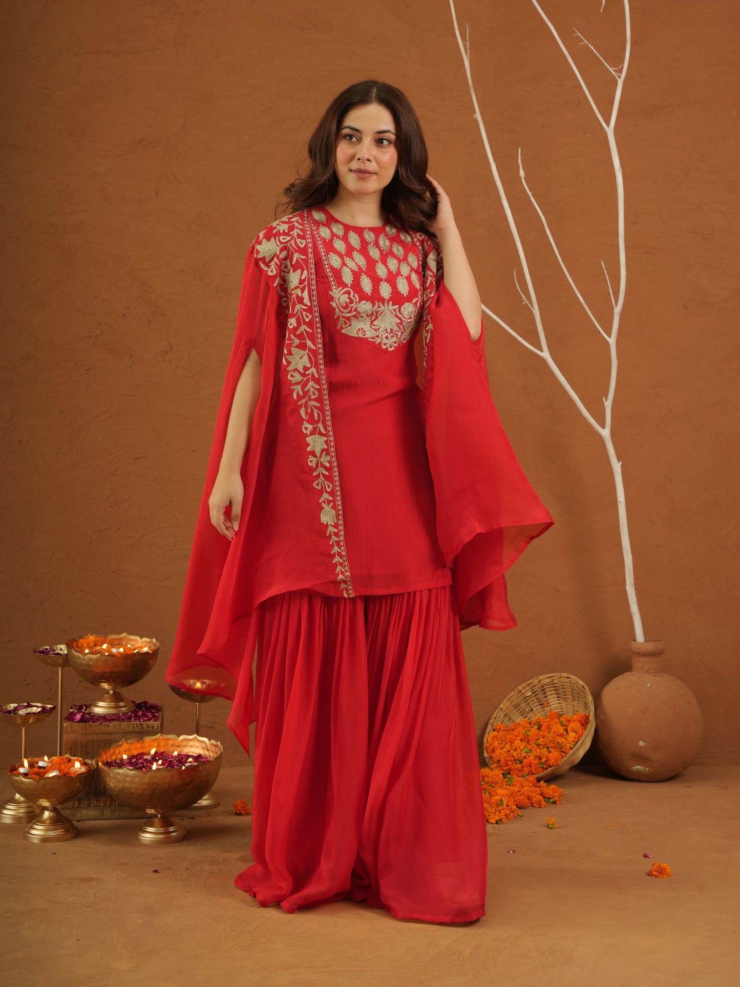 Meherbaan Red Zariwork Sharara Jacket Set