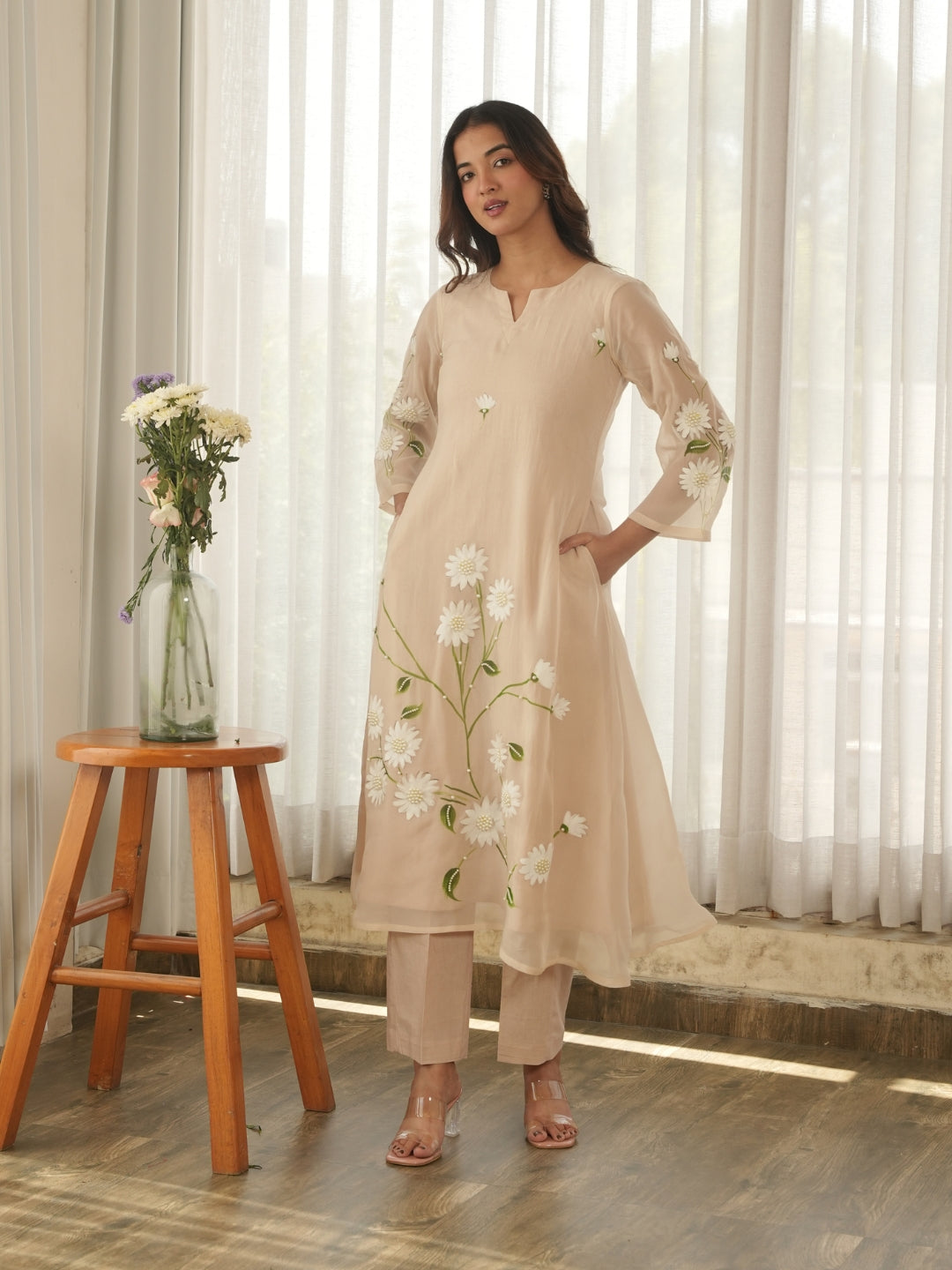 Ivory Beige Hand Paint Soft Organza Suit Set