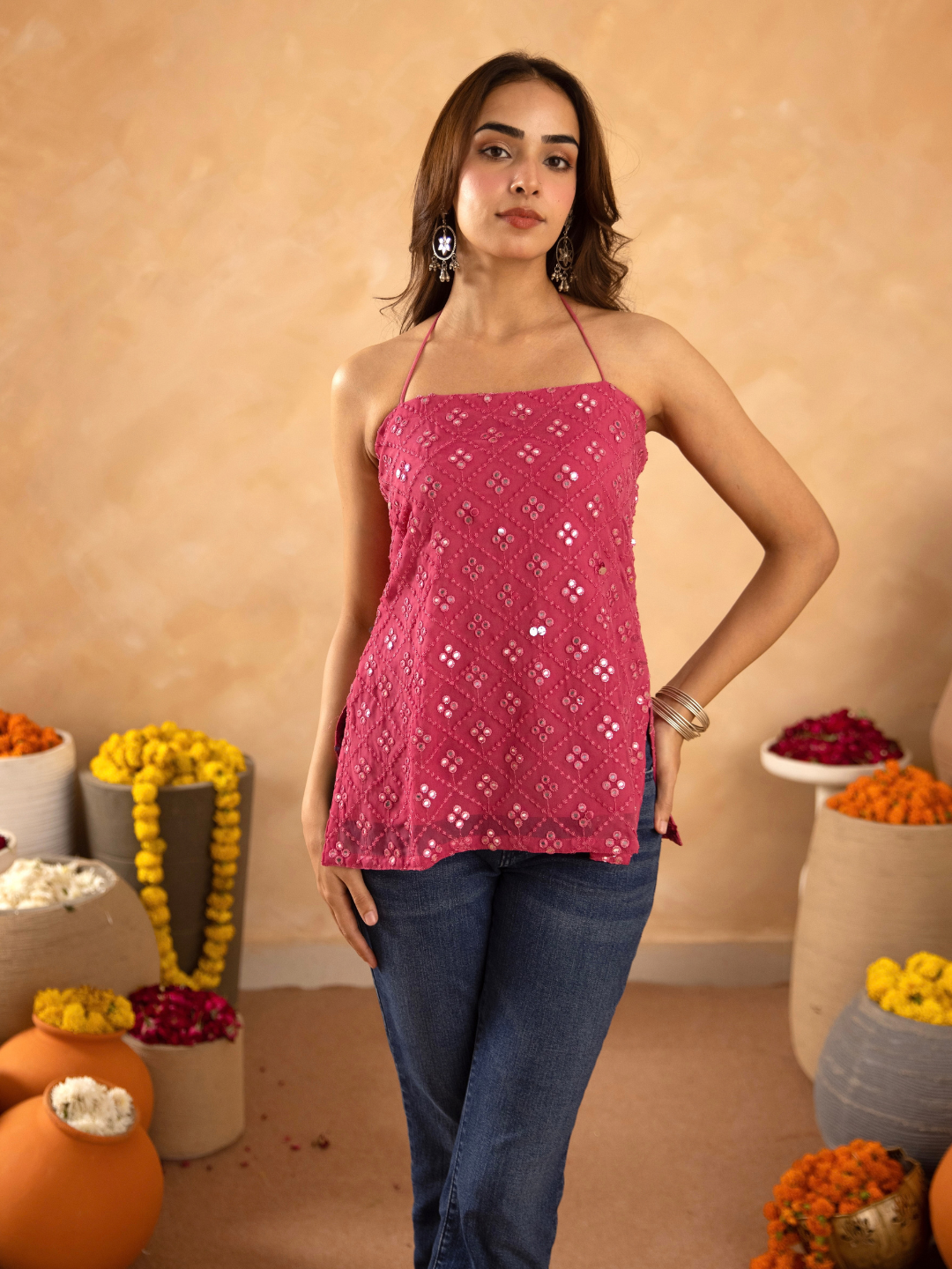 Rose Pink Mirrorwork Chikan Short Kurti