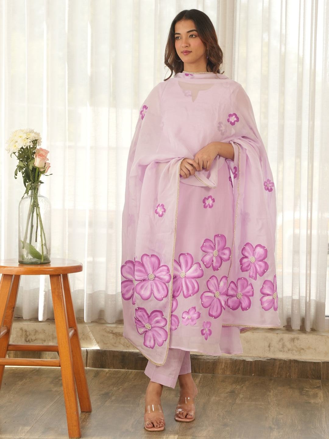 Mauve Blossom Hand Paint Soft Organza Suit Set