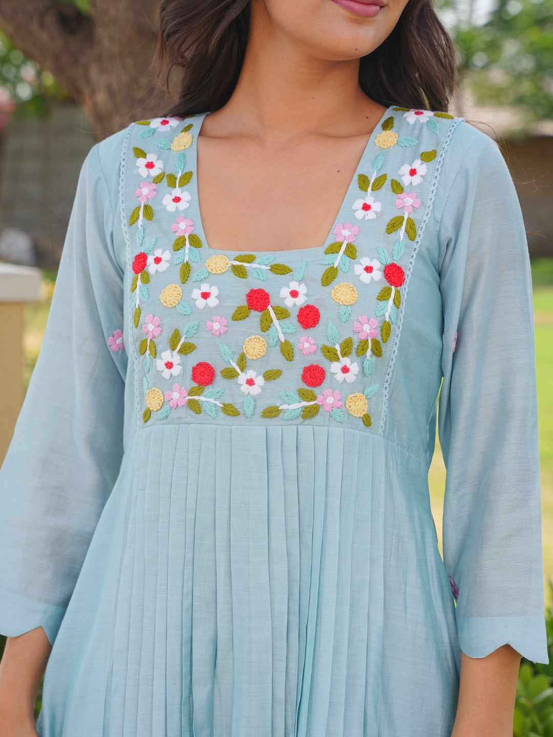 Powder Blue Floral Handwork Chanderi Kurta Set