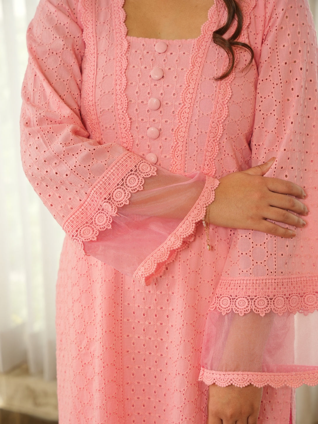 Peach Schiffli Cotton Kurta Set with Pants & Organza Dupatta