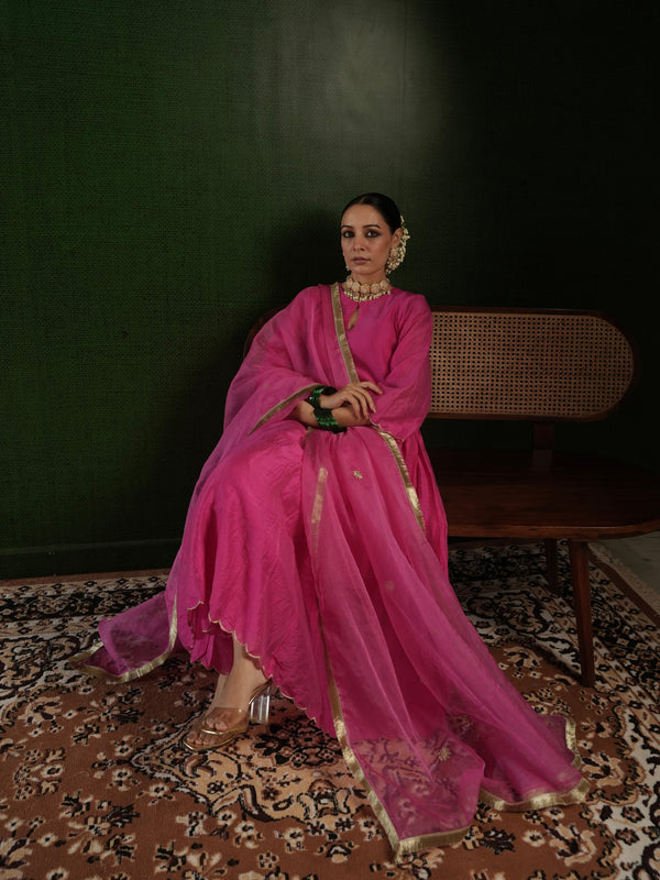 CHAAND BERRY PINK CHANDERI CUTWORK EMBROIDERED SUIT SET