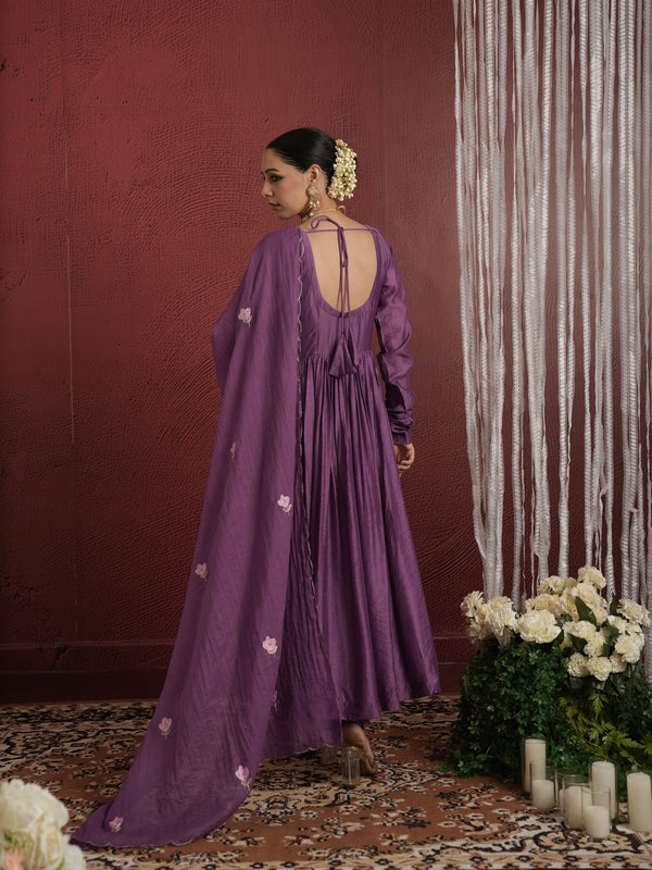 CHAAND PURPLE CHANDERI AARIWORK FLORAL SUIT SET