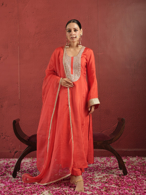 CHAAND RED SILK ZARIWORK SUIT SET