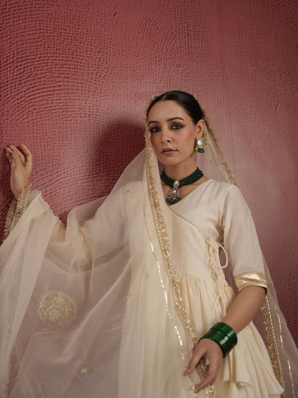 CHAAND OFF WHITE CHANDERI ANGRAKHA ZARIWORK SUIT SET