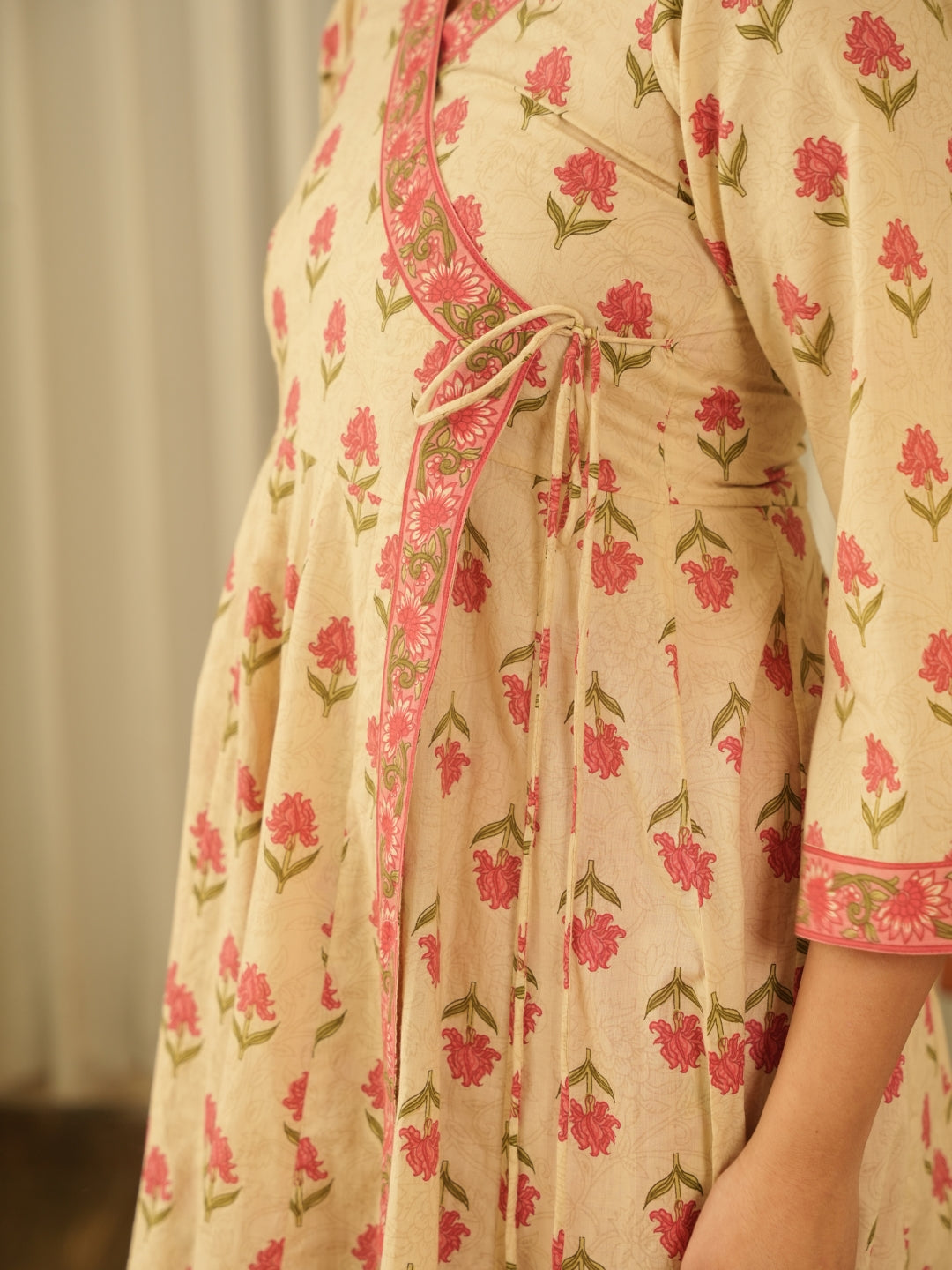 Beige Floral Angrakha Screen Print Kurta Set with Pant & Dupatta