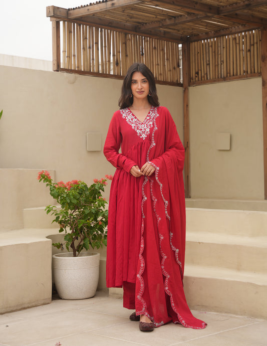 Red Chanderi Aari Embroidered Suit Set