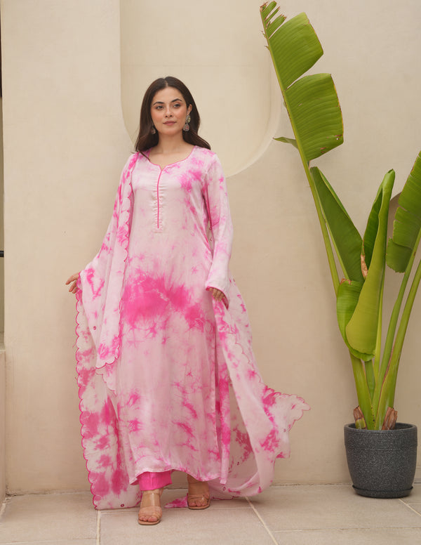 Pink Silk Shibori Mirror  Work Staright Suit Set