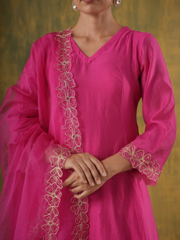 Roohani Pink Chanderi Floral Cutwork Suit Set
