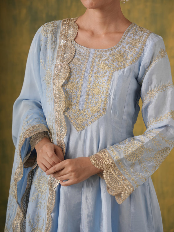 Firoza Ice Blue Silk Aari Anarkali Set