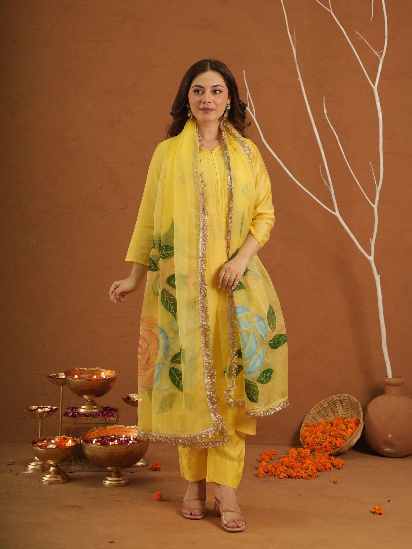 Surror Yellow Chanderi With Handpaint Dupatta