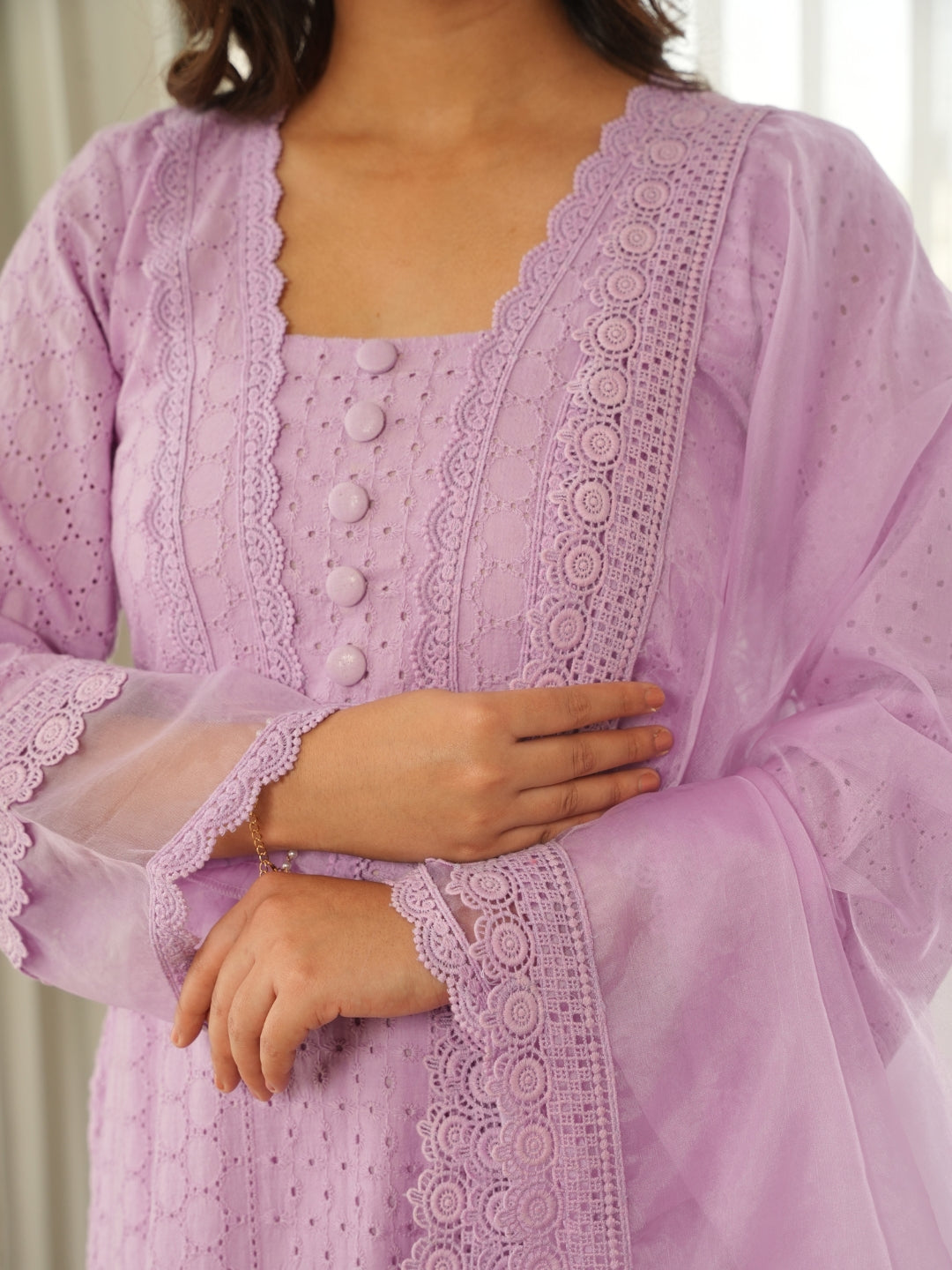 Lavender Schiffli Cotton Kurta Set with Pants & Organza Dupatta