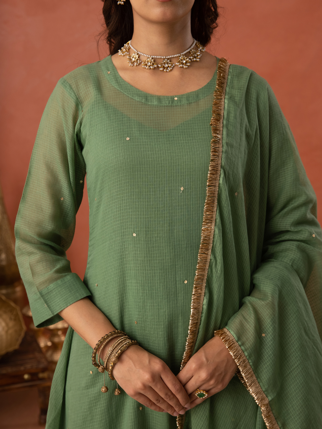 Green Doria Hand Embroidered A- Line Kurta  Set