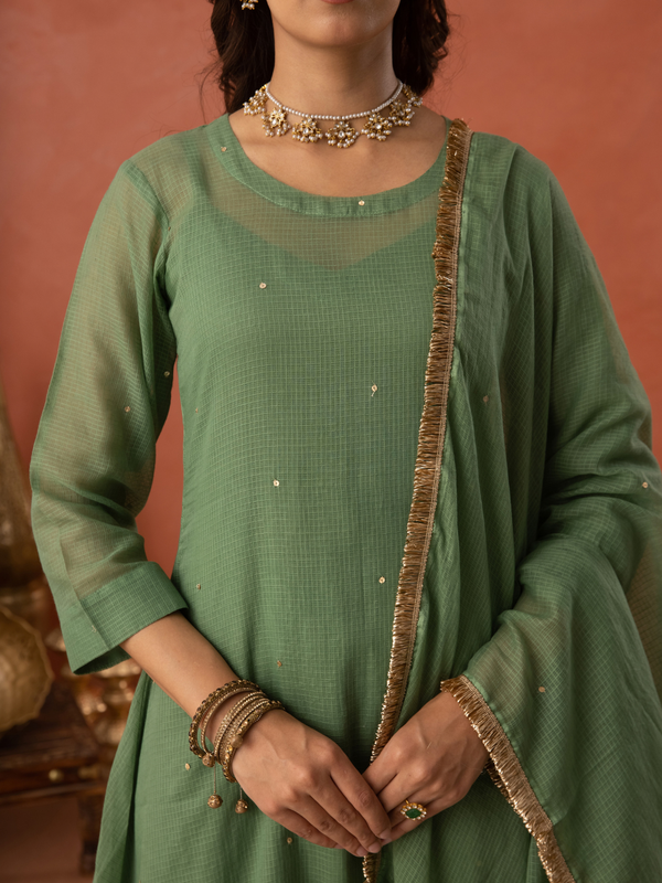 Green Doria Hand Embroidered A- Line Kurta  Set