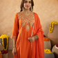 Rust Brown Chanderi A- Line Suit with Aari and Sequnce Work  Detailing
