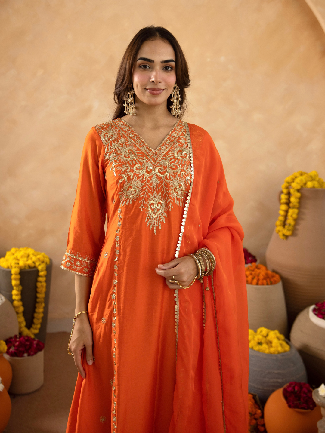 Rust Brown Chanderi A- Line Suit with Aari and Sequnce Work  Detailing