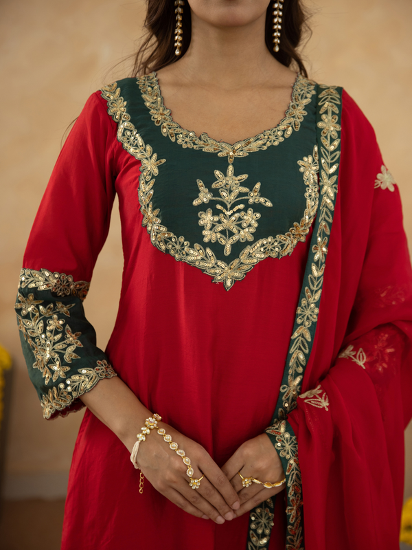 Red Chanderi A-Line Kurta Set with Handwork Detailing &  Organza Dupatta