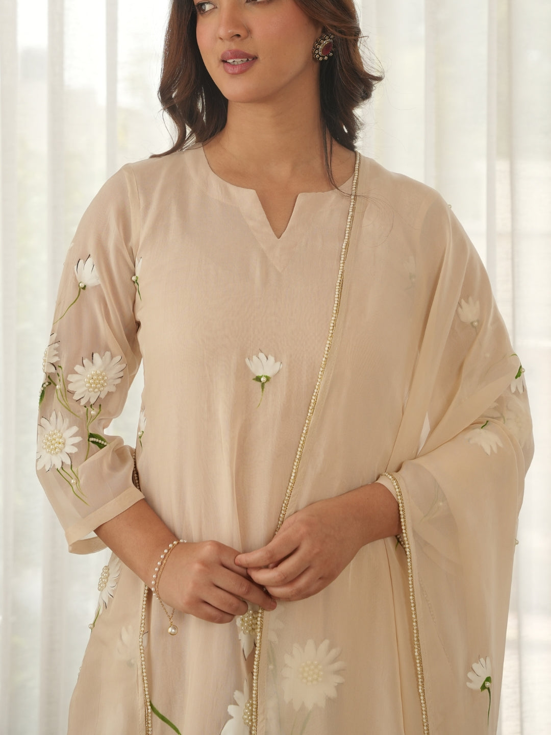 Ivory Beige Hand Paint Soft Organza Suit Set